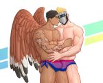  2boys abs artificial_eye bara bisexual_flag bisexual_flag_print blonde_hair blue_male_swimwear brown_feathers bulge bulge_press bulges_touching canadian_flag_print commission couple dark-skinned_male dark_skin feathered_wings feathers feet_out_of_frame flag_print hair_slicked_back hand_on_another&#039;s_shoulder highres indie_virtual_youtuber large_pectorals male_focus male_swimwear mask masked_himbo_(silvyspark) mature_male mechanical_eye mlacc multiple_boys muscular muscular_male nipple_tweak nipples one_eye_closed original pectorals pink_moon_stick print_male_swimwear purple_male_swimwear second-party_source short_hair shoulder_tattoo sideburns standing stomach swim_briefs tattoo thick_eyebrows thick_thighs thighs tongue tongue_out topless_male virtual_youtuber wings yaoi 