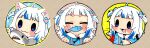  1girl :3 animal_costume animal_ears biting blue_hair cat_ears chibi ebi-chan_(gawr_gura) gawr_gura gawr_gura_(1st_costume) grey_hair hair_ornament highres hololive hololive_english looking_at_another medium_hair multicolored_hair same_anko shark_costume shark_hair_ornament smol_gura streaked_hair two_side_up virtual_youtuber 