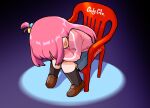  1girl artist_name black_socks blue_eyes bocchi_the_rock! brand_name_imitation brown_footwear chair coca-cola cube_hair_ornament full_body gotou_hitori hair_ornament hunched_over jacket kneehighs knees_together_feet_apart loafers long_hair long_sleeves meme monobloc_(chair) neon_genesis_evangelion one_side_up parody pink_hair pink_jacket pleated_skirt roy95 shinji_in_a_chair_(meme) shoes simple_background sitting skirt socks solo spotlight track_jacket twitter_username 