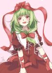  1girl artist_name bow dated dress front_ponytail green_hair hair_bow hair_ribbon happy highres kagiyama_hina long_hair long_ribbon looking_at_viewer red_dress red_eyes ribbon short_sleeves smile touhou white-aster 