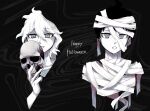  2boys ahoge bandages collarbone cropped_torso danganronpa_(series) danganronpa_2:_goodbye_despair grin hair_between_eyes happy_halloween highres hinata_hajime holding holding_mask komaeda_nagito looking_at_viewer male_focus mask messy_hair multiple_boys mummy_costume short_hair skull_mask smile teeth tetose two-tone_background 