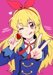  1girl aikatsu! aikatsu!_(series) blonde_hair blue_jacket bow character_name commentary_request food fruit hair_bow hairband happy_birthday heart highres holding holding_food holding_fruit hoshimiya_ichigo jacket long_hair long_sleeves looking_at_viewer neck_ribbon nonaka_nono one_eye_closed pink_background red_bow red_eyes red_hairband red_ribbon ribbon school_uniform shirt simple_background smile solo starlight_academy_school_uniform strawberry tongue tongue_out upper_body v white_shirt 