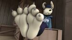  3_toes 3d_(artwork) anthro barefoot black_bottomwear black_clothing black_pants black_sclera blue_clothing blue_hat blue_headwear blue_sweatshirt bottomwear box brown_floor claws clothing container curled_horn demon digital_media_(artwork) feet foot_focus friday_night_funkin&#039; grey_claws grey_horn hat headgear headwear hi_res horn inside looking_at_viewer male pants print_clothing print_sweatshirt print_topwear prometheusn4 sitting sitting_on_box snout soles solo sparkling_eyes tabi_(fnf) toe_claws toes topwear wall_(structure) wood wood_wall wooden_box 