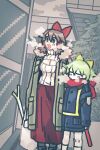  2girls :d black_eyes blue_coat blush bow breasts breath brown_coat brown_hair bush cleavage cleavage_cutout clothing_cutout coat commentary_request cookie_(touhou) daiyousei diyusi_(cookie) empty_eyes feet_out_of_frame gedougawa green_hair hair_between_eyes hair_bow hair_tubes hakurei_reimu high-visibility_vest large_breasts long_bangs long_hair long_skirt looking_afar multiple_girls noel_(cookie) open_mouth pixel_art red_bow red_scarf red_skirt scarf skirt smile spring_onion standing sweater touhou traffic_baton white_sweater window yellow_bow 