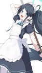  1girl :d apron aris_(blue_archive) aris_(maid)_(blue_archive) arm_up black_dress black_hair black_wristband blue_archive blue_bow blue_bowtie blue_eyes blush bow bowtie collared_dress dress feet_out_of_frame frilled_apron frilled_dress frills green_halo halo highres holding holding_staff long_hair looking_at_viewer maid maid_apron maid_headdress mechanical_halo miso_(misomiso_154) official_alternate_costume official_alternate_hairstyle open_mouth pantyhose puffy_short_sleeves puffy_sleeves short_sleeves side_ponytail sidelocks simple_background smile solo staff swept_bangs teeth upper_teeth_only very_long_hair white_background white_pantyhose 