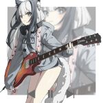  1girl animal_ear_fluff animal_ears bare_legs black_headphones blue_eyes blunt_bangs blush border cat_ears cat_girl cat_tail cowboy_shot dice ear_piercing electric_guitar grey_hair grey_hoodie grin guitar halftone headphones headphones_around_neck highres holding holding_instrument holding_plectrum hood hood_down hoodie instrument jewelry long_hair long_sleeves looking_at_viewer multicolored_hair multiple_rings necklace original pause_button piercing plectrum print_hoodie qtian ring short_shorts shorts sidelocks sleeve_cuffs sleeves_past_wrists sling smile solo star-shaped_pupils star_(symbol) symbol-shaped_pupils tail teeth thighs two-tone_hair white_border white_hair zoom_layer 