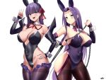  2girls animal_ears bare_shoulders bb_(fate) bb_(fate/extra) black_leotard blush breasts brown_pantyhose brown_thighhighs chain cleavage covered_navel dagger detached_collar detached_sleeves facial_mark fake_animal_ears fate/extra fate/extra_ccc fate/grand_order fate/stay_night fate_(series) forehead forehead_mark hair_ribbon highleg highleg_leotard hip_vent knife kurozawa_yui large_breasts leotard long_hair looking_at_viewer medusa_(fate) medusa_(rider)_(fate) multiple_girls nameless_dagger_(fate) open_mouth pantyhose parted_bangs playboy_bunny popped_collar purple_eyes purple_hair purple_leotard rabbit_ears red_ribbon ribbon sidelocks smile thighband_pantyhose thighhighs very_long_hair weapon wrist_cuffs 