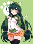  1girl animal_ears black_thighhighs cat_ears cat_tail fake_animal_ears green_hair highres hood hooded_jacket jacket long_hair long_sleeves miniskirt null_(nyanpyoun) orange_skirt paw_pose pleated_skirt skindentation skirt solo tail thighhighs touhoku_zunko voiceroid zettai_ryouiki 