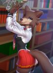  2023 5_fingers anthro beastars bible_black blue_eyes book bookshelf brown_body brown_fur canid canine canis clothed clothing digital_media_(artwork) eyebrows female fingers fur furniture hi_res juno_(beastars) looking_at_viewer mammal pak009 smile solo tail wolf 