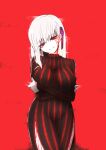  1girl body_markings breasts corruption crossed_arms dark_persona dark_sakura dress fate/stay_night fate_(series) hair_ribbon heaven&#039;s_feel highres konohana_saku large_breasts long_hair matou_sakura red_background red_eyes ribbon solo striped striped_dress vertical-striped_dress vertical_stripes white_hair 