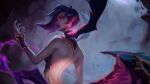  1girl absurdres backless_dress backless_outfit bare_shoulders dress eyeshadow fingernails from_side glowing glowing_eyes highres league_of_legends magic makeup medium_hair morgana_(league_of_legends) multiple_wings outdoors parted_lips pointy_ears purple_eyes purple_eyeshadow purple_hair purple_lips rock ruins sharp_fingernails smile solo sword upper_body weapon wings zhouzx1026 