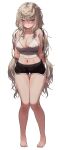  1girl absurdres arms_behind_back barefoot blue_eyes blush breasts cleavage commentary_request dolphin_shorts full_body grey_hair highres korean_commentary large_breasts long_hair looking_at_viewer midriff_peek mixed-language_commentary navel original shorts simple_background solo standing tank_top torriet very_long_hair white_background white_tank_top 