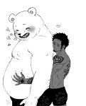  &lt;3 2023 anthro bear belly bepo_(one_piece) big_belly blush clothing duo embrace hi_res hug hugging_from_behind human human_on_anthro interspecies male mammal minkmen_(one_piece) moobs nekokat42 one_piece overweight overweight_male polar_bear simple_background trafalgar_law underwear ursine white_background 