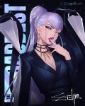  1girl artist_name asymmetrical_bangs belt black_background black_belt black_choker black_suit blue_eyeshadow breasts center_opening character_name choker cleavage earrings evelynn_(league_of_legends) eyeshadow finger_to_mouth gold_earrings highres hoop_earrings inhoso instagram_logo instagram_username jewelry k/da_(league_of_legends) lashers league_of_legends light_purple_hair long_hair looking_at_viewer makeup medium_breasts necklace open_mouth ponytail purple_lips slit_pupils solo suit the_baddest_evelynn tongue tongue_out tooth_necklace twitter_logo twitter_username upper_body very_long_hair yellow_eyes 