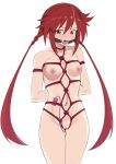  2girls arms_behind_back bdsm bondage bound bound_arms breasts completely_nude gag hair_between_eyes hair_ornament hairclip highres long_hair looking_at_viewer makino_harumaki medium_breasts multiple_girls navel neptune_(series) nipples nude pussy pussy_juice red_eyes red_hair restrained shin_jigen_game_neptune_vii solo tennouboshi_uzume twintails 