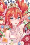  1girl :p bare_shoulders blue_eyes blush breasts cleavage collarbone fairy feo_ul final_fantasy final_fantasy_xiv flower hair_flower hair_ornament highres looking_at_viewer neck orange_hair pointy_ears shiro_kitsune_(showtime1122) short_twintails solo tongue tongue_out twintails upper_body 