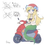  1girl blonde_hair blue_eyes coin_purse doyagao helmet highres jashin-chan jashin-chan_dropkick lamia long_hair monster_girl motor_vehicle motorcycle_helmet potoio riding scooter smug solo white_background 