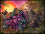  anthro bodily_fluids deity erection female forest genital_fluids genitals hi_res invalid_tag kaiju monster offering_(disambiguation) penis plant precum rainforest reptile sacrifice scalie shon2 size_difference solo sunset temple trans trans_(lore) tree tropical unknown_species vore worship 