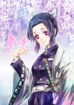  1girl 2020 artist_name belt belt_buckle black_hair breasts buckle bug butterfly butterfly_hair_ornament butterfly_on_hand buttons closed_mouth dated demon_slayer_uniform hair_ornament haori japanese_clothes katana kimetsu_no_yaiba kochou_shinobu long_sleeves looking_at_viewer medium_breasts morere pink_butterfly pink_lips purple_eyes short_hair signature smile solo sword weapon white_belt wide_sleeves 