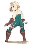  1girl ass bare_shoulders blonde_hair blue_eyes breasts closed_mouth dated final_fantasy final_fantasy_tactics full_body large_breasts monk_(fft) short_hair signature simple_background solo tsukudani_(coke-buta) unitard white_background 