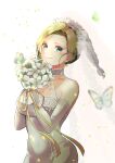  1girl absurdres bare_shoulders bianca_(dq5) blonde_hair blue_eyes bouquet braid braided_ponytail breasts bridal_veil bride bug butterfly c-diamond closed_mouth commentary_request confetti dragon_quest dragon_quest_v dress earrings elbow_gloves flower gloves hair_behind_ear hair_flower hair_ornament highres holding holding_bouquet jewelry large_breasts light_blush long_hair single_braid sleeveless sleeveless_dress smile solo upper_body veil wedding_dress white_dress white_flower white_gloves 