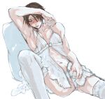  1boy arm_up armpits blue_eyes blush bow brown_hair bulge covering_face crossdressing crotch_grab final_fantasy final_fantasy_viii lace leaning lingerie male_focus pillow scar scar_on_face short_hair sitting socks solo soo_(sr00a2ht) spread_legs squall_leonhart thighhighs underwear white_bow white_socks white_thighhighs 