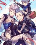  1girl 2boys aokamei barefoot basket black_hairband carrying corrin_(fire_emblem) corrin_(male)_(fire_emblem) fire_emblem fire_emblem_fates flower grey_eyes grey_hair hair_slicked_back hairband holding holding_basket kana_(female)_(fire_emblem) kana_(fire_emblem) multiple_boys petals princess_carry rose_petals sidelocks silas_(fire_emblem) sophie_(fire_emblem) 