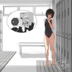  1girl amagami barefoot black_hair black_one-piece_swimsuit breasts brown_eyes commentary_request competition_swimsuit full_body highres locker medium_breasts nanasaki_ai one-piece_swimsuit short_hair solo swimsuit translation_request two-tone_swimsuit yuta-only 