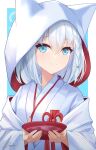  1girl braid commentary_request cup fox_girl green_eyes hair_between_eyes highres holding hololive hood hood_up japanese_clothes kimono looking_at_viewer sakazuki shiinochi shirakami_fubuki sidelocks single_braid smile solo uchikake virtual_youtuber white_hair white_kimono 