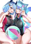  1girl 2girls absurdres ahoge animal_ear_fluff animal_ears ball bare_arms bare_shoulders beachball black_one-piece_swimsuit blue_hair blue_one-piece_swimsuit bracelet breasts carrot_hair_ornament cat_ears cat_girl cat_tail claw_pose commission demon_horns facial_mark food-themed_hair_ornament hair_ornament hairclip highres horns impossible_clothes impossible_swimsuit jewelry large_breasts looking_at_viewer medium_hair multiple_girls one-piece_swimsuit original red_one-piece_swimsuit seta_(seta105) simple_background skeb_commission slit_pupils solo swimsuit tail transparent_background two-tone_one-piece_swimsuit 