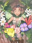  1girl :d ahoge brown_hair clover fairy fairy_wings flower four-leaf_clover mini_person minigirl open_mouth overalls pointy_ears sarmat short_hair smile solo tactics_ogre thighhighs transparent_wings white_overalls wings 