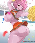  arachnart areola ashido_mina big_butt bodily_fluids bottomwear butt clothing female hair hi_res humanoid my_hero_academia not_furry one_eye_closed pink_body pink_hair pink_skin pom_poms skirt solo sweat wink 