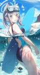  1girl aekun_cben air_bubble animal_ears ass beach bikini black_one-piece_swimsuit blue_archive blue_eyes blush breasts bright_pupils bubble diving_mask fish goggles grey_hair halo highres looking_at_viewer mismatched_pupils one-piece_swimsuit partially_submerged ponytail shiroko_(blue_archive) shiroko_(swimsuit)_(blue_archive) sidelocks solo surfboard swimsuit water wet white_pupils wolf_ears 