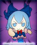  1girl blue_dress blue_eyes blue_footwear blue_hair bow chibi chromatic_aberration cirno commentary dress english_commentary fumo_(doll) highres medium_hair red_bow running running_towards_viewer signature skullchimes solo speed_lines touhou v-shaped_eyebrows vhs_artifacts 