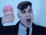  1boy black_hair black_jacket black_necktie blue_sky bocchi_the_rock! chibi gotoh_hitori highres jacket meme necktie peaky_blinders pink_hair scene_reference screaming shirt sketch sky suit thomas_shelby tommy_shelby_holding_a_gun_to_his_head_(meme) white_shirt xyanaid 
