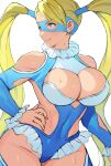  1girl blonde_hair blue_eyes breasts cleavage cleavage_cutout clothing_cutout frills hand_on_own_hip highres impossible_clothes large_breasts leotard mask mizore_syrup rainbow_mika shoulder_cutout side_cutout solo street_fighter street_fighter_v street_fighter_zero_(series) thigh_cutout twintails white_background wrestling_mask wrestling_outfit 