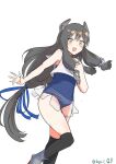  1girl absurdres black_hair blue_one-piece_swimsuit crop_top feet_out_of_frame green_eyes grey_neckerchief hair_ribbon headgear highres i-47_(kancolle) kantai_collection long_hair low-tied_long_hair neckerchief one-hour_drawing_challenge one-piece_swimsuit over-kneehighs ribbon robinson_(day_l_full) sailor_collar sailor_shirt school_swimsuit see-through see-through_skirt shirt sidelocks simple_background skirt sleeveless sleeveless_shirt solo swimsuit thighhighs tress_ribbon white_background white_sailor_collar 