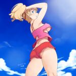  1girl adjusting_hair arm_up armpit_crease ass blonde_hair blue_eyes breasts cloud cowboy_shot dated day elle_vianno feet_out_of_frame from_behind from_below gundam gundam_zz long_hair looking_at_viewer looking_down looking_to_the_side outdoors pink_shirt ponytail red_shorts shirt shorts sideboob signature simple_background smile solo standing teeth tsukudani_(coke-buta) white_background 