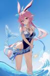  1girl absurdres animal_ears bare_shoulders blue_one-piece_swimsuit blue_sky breasts cleavage closed_mouth commentary_request feet_out_of_frame fins fish_tail hand_on_own_arm hand_on_own_leg head_tilt highres honkai_(series) honkai_impact_3rd kun_kun long_hair looking_at_viewer official_alternate_costume one-piece_swimsuit outdoors purple_eyes rabbit_ears sky solo star_(symbol) swimsuit tail very_long_hair wading water yae_sakura yae_sakura_(darkbolt_jonin) 