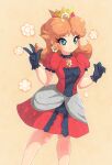  1girl absurdres black_gloves blue_eyes blush brown_hair crown dress earrings flower flower_brooch flower_earrings frilled_gloves frills gloves highres jewelry looking_at_viewer mario_(series) nin10ja princess_daisy puffy_sleeves red_dress short_dress short_sleeves smile super_smash_bros. v 