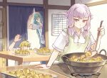  3boys androgynous apron aqua_hair arm_support arm_up blonde_hair blue_shorts bracelet braid braided_ponytail bulletin_board cabinet casual chatan_nakiri_(touken_ranbu) chiganemaru_(touken_ranbu) chiyoganemaru_(touken_ranbu) collared_shirt cooking cooking_oil cooking_pot counter curtains deep_frying dress_shirt flipped_hair floral_print food_request food_theft green_apron hair_between_eyes hand_up hands_up hibiki_10000 hiding highres indoors jewelry kitchen looking_at_another looking_down multiple_boys plate print_shirt purple_eyes purple_hair reaching shirt short_hair short_hair_with_long_locks short_sleeves shorts sidelocks sideways_glance smile standing stove strainer table touken_ranbu tray yellow_eyes 