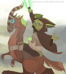  2023 ambiguous_gender brown_body brown_fur clothing duo feral fur green_body green_lightsaber green_skin hood horn humanoid humanoid_pointy_ears kybuck lightsaber male mammal melee_weapon raikoh-illust robe saddle star_wars weapon yoda yoda&#039;s_species 