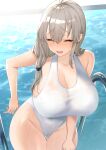  1girl absurdres ass_visible_through_thighs breasts closed_eyes comichipota grey_hair highres huge_breasts leaning_forward long_hair one-piece_swimsuit open_mouth pool solo swimsuit thigh_gap uzaki-chan_wa_asobitai! uzaki_tsuki water white_one-piece_swimsuit 