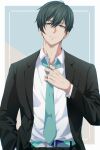  1boy absurdres adjusting_clothes adjusting_necktie aqua_necktie belt blue_lock buttons closed_mouth collared_shirt cowboy_shot formal green_eyes green_hair highres itoshi_rin lapels long_sleeves looking_at_viewer male_focus may_(illust_man_2020) necktie shirt short_hair solo 