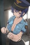  1girl black_pants blue_eyes blue_hair blush breasts cleavage clenched_hands clenched_teeth commission crop_top cuffs hair_between_eyes handcuffs hands_up hat highres indoors large_breasts leash looking_at_viewer midriff navel original pants panty_straps peaked_cap police police_hat police_uniform short_hair solo stomach teeth twin_(tt_lsh) uniform v-shaped_eyebrows viewer_holding_leash 