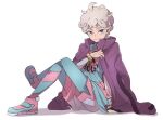  1boy ahoge arm_support bede_(pokemon) blue_pants closed_mouth coat coat_on_shoulders commentary_request crossed_legs curly_hair eyelashes full_body grey_hair hand_up looking_at_viewer male_focus marutei2 official_alternate_costume pants pokemon pokemon_(game) pokemon_swsh purple_coat purple_eyes shirt shoes short_hair shorts simple_background sitting smile watch white_shorts wristwatch 