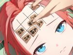  1girl absurdres bananafish1111 blue_archive blue_eyes board_game closed_mouth forehead highres holding_shogi_piece long_hair looking_at_viewer red_hair shogi shogi_piece solo_focus yuzu_(blue_archive) 