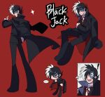  ! ... 1boy black_coat black_jack_(character) black_jack_(series) black_suit character_name chibi chibi_inset coat denaseey emphasis_lines flying_sweatdrops frown hair_over_one_eye hand_on_own_chin hand_on_own_hip highres holding_scalpel looking_at_viewer looking_back multicolored_hair open_mouth patchwork_skin red_background red_eyes red_ribbon ribbon scalpel scar scar_on_face shirt sideburns simple_background sitting smile sparkle speech_bubble split-color_hair stitches suit sweatdrop twitter_username two-tone_hair white_shirt wide-eyed 