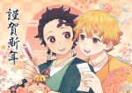  2boys agatsuma_zenitsu bell blonde_hair earrings green_kimono highres japanese_clothes jewelry kamado_tanjirou kimetsu_no_yaiba kimono male_focus multiple_boys open_mouth red_eyes red_hair scar scar_on_face scar_on_forehead shimya short_hair teeth yellow_eyes yellow_kimono 