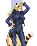  2023 5_fingers amur anthro black_bodysuit black_clothing black_collar black_jacket black_spots black_topwear blonde_hair blue_eyes bodysuit breasts cheetah clothed clothing collar felid feline female fingers fur fur_trim_(clothing) hair hand_on_hip hi_res jacket leg_pouch lena_fluffy_(character) mammal medium_breasts open_clothing open_jacket open_topwear simple_background skinsuit solo spots spotted_body spotted_fur standing straps_across_chest tight_clothing topwear yellow_body yellow_fur 